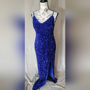 Stunning Royal Blue Fully Sequined Velvet Gown w/Side Slit. Size M